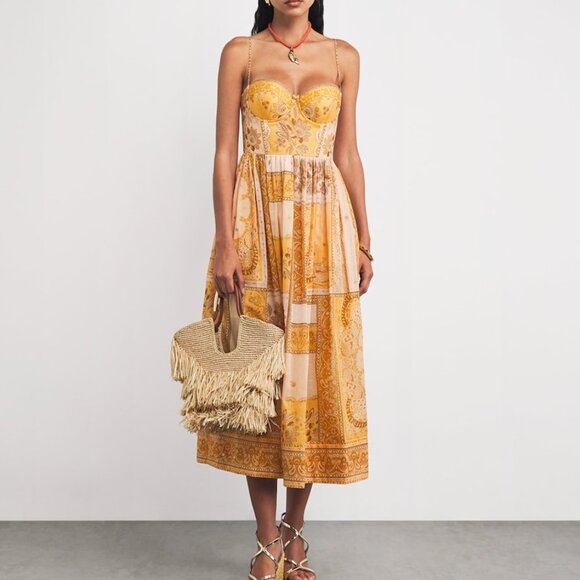 New Zimmermann Mustard Bandana Lucky Corset Midi Dress - Picture 1 of 13